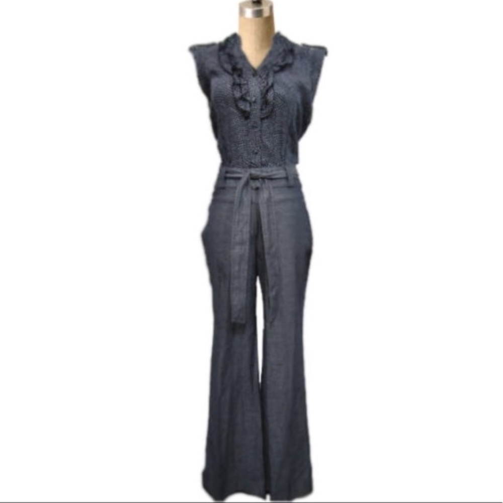 Anthropologie Chambray Jumpsuit Dots and Ruffles